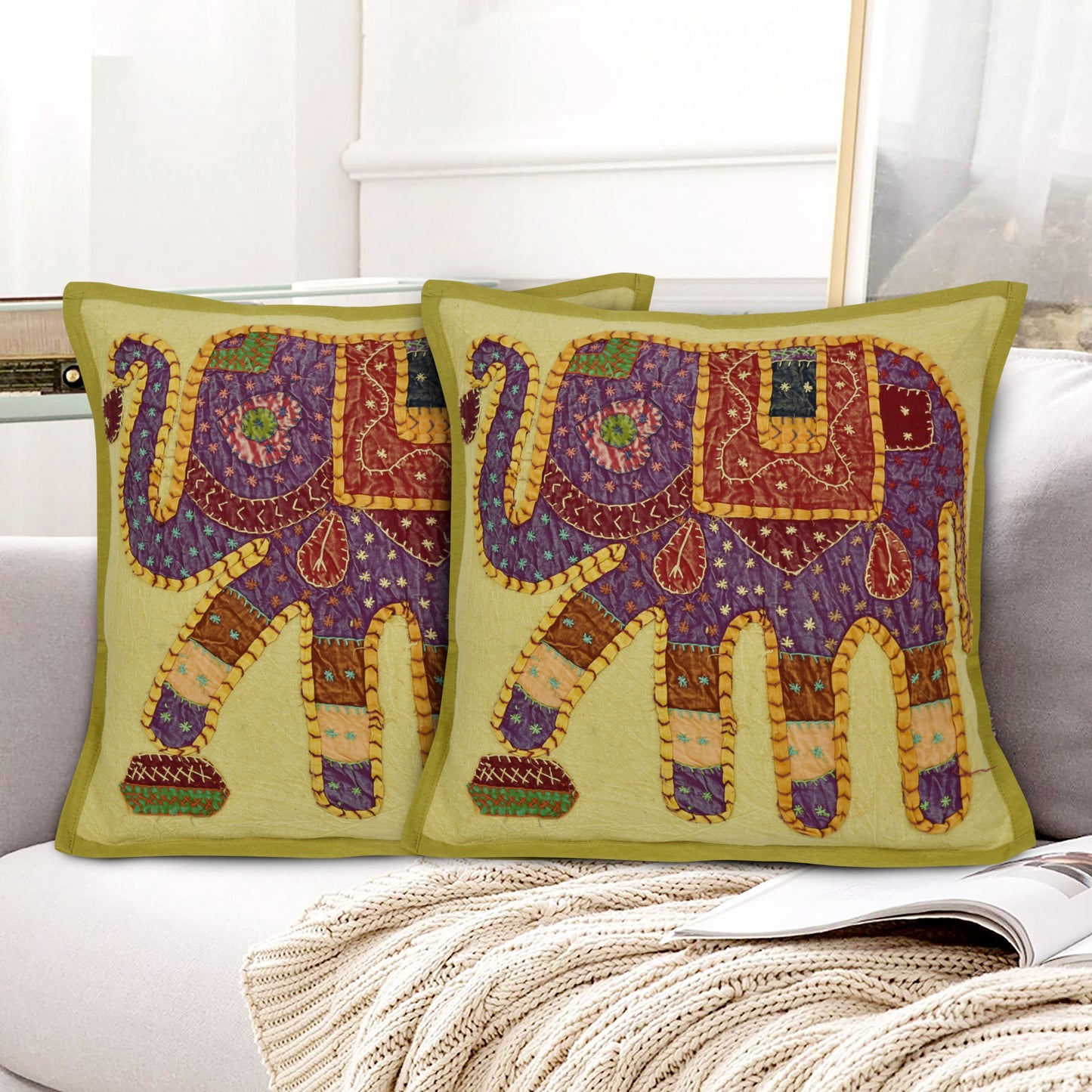 GREEN CUSHION COVER APPLIQUE HAND EMBROIDERED WORK 16X16