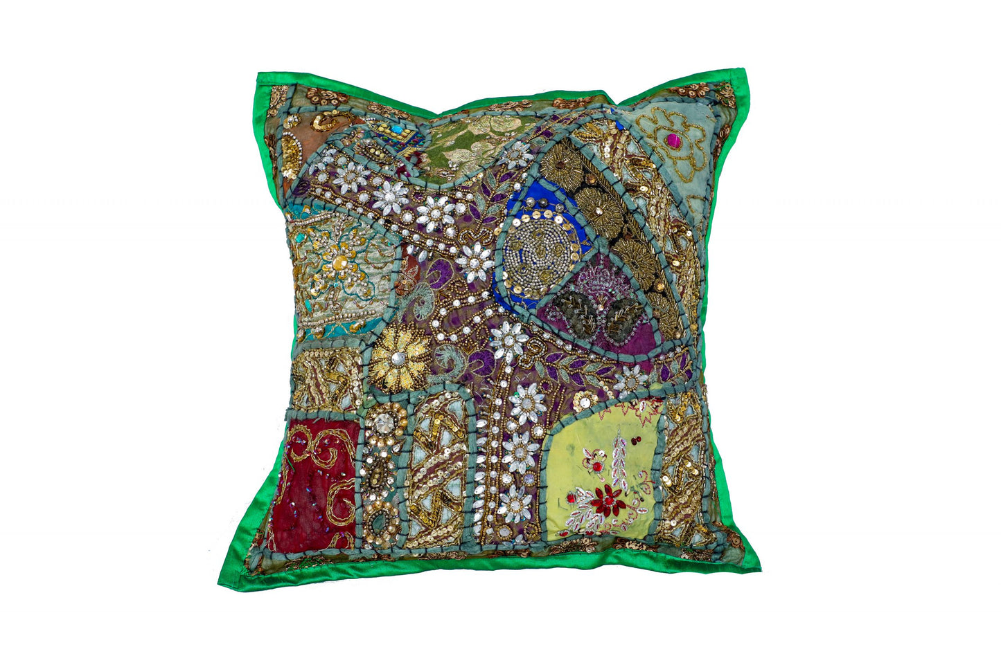 GREEN CUSHION COVER BEADS HAND EMBROIDERED SIZE 16 X 16 -247