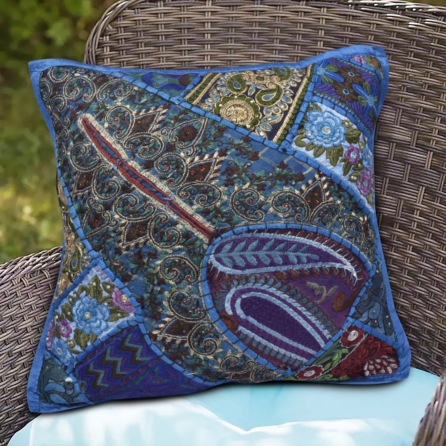 BLUE CUSHION COVER PATCH HAND EMBROIDERED SIZE 16 X 16 - 230
