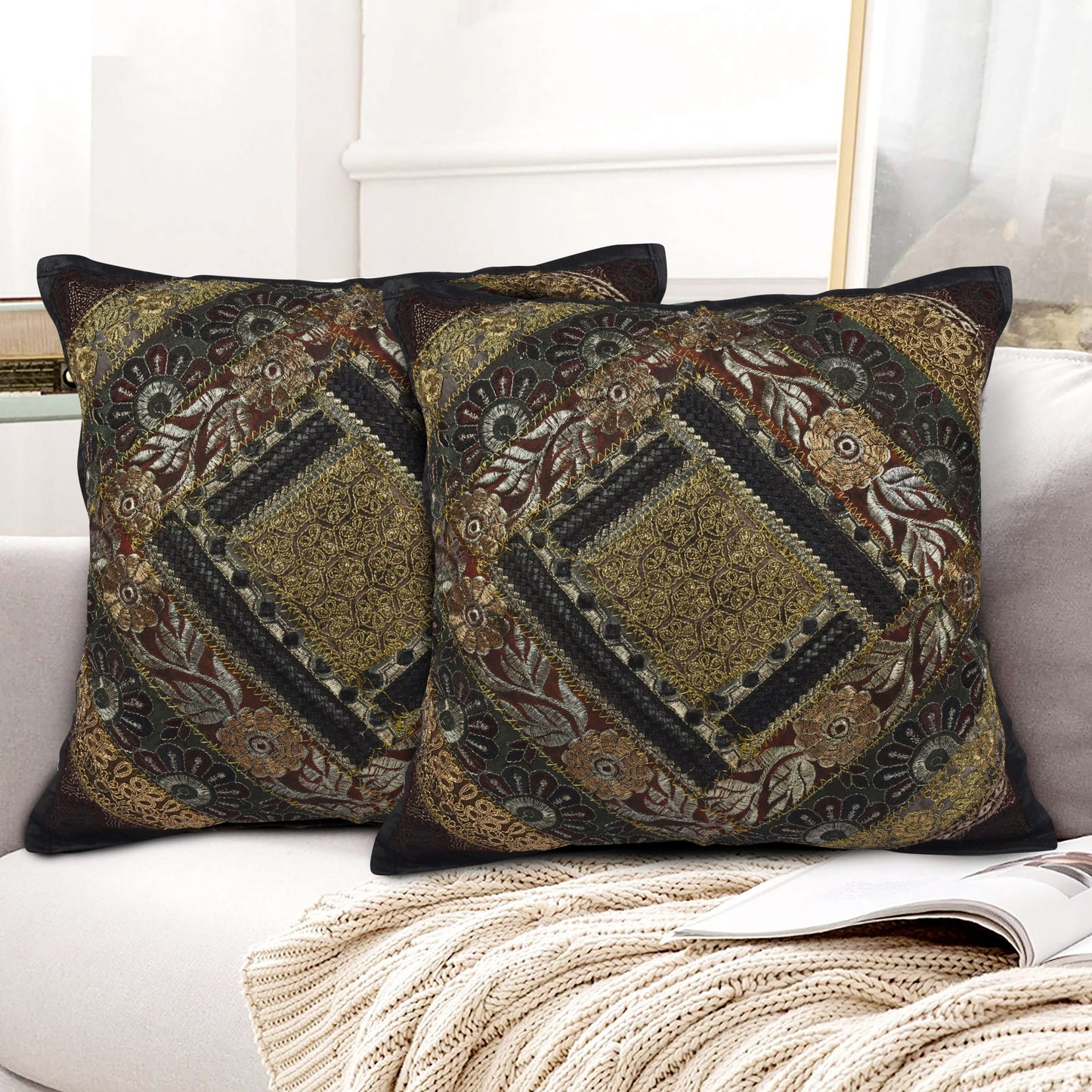 GREEN CUSHION COVER ZARI HAND EMBROIDERED SIZE 16 X 16 - 239