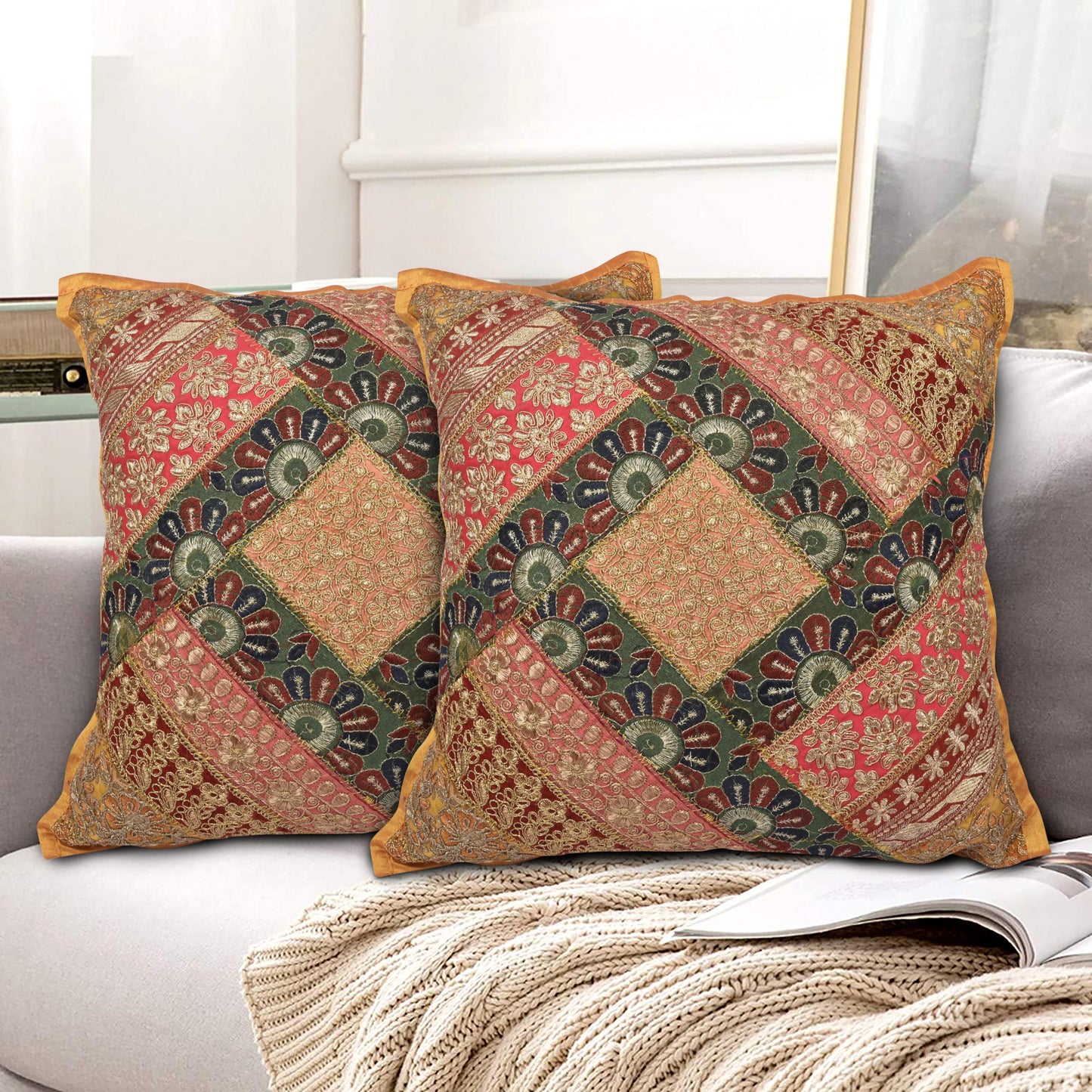 YELLOW CUSHION COVER ZARI HAND EMBROIDERED SIZE 16 X 16 - 233