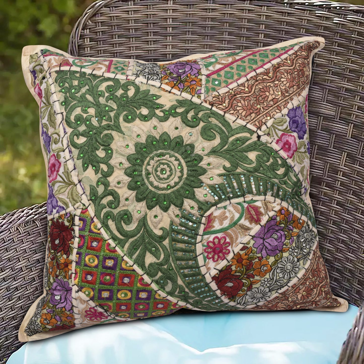BEIGE CUSHION COVER PATCH HAND EMBROIDERED SIZE 16 X 16 - 227