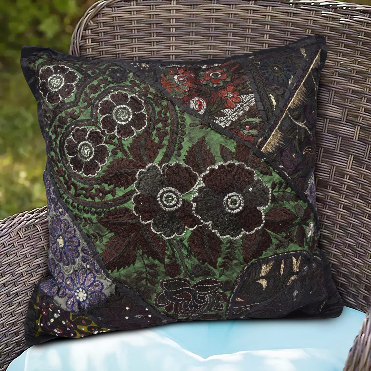 BLACK CUSHION COVER PATCH HAND EMBROIDERED SIZE 16 X 16 - 229