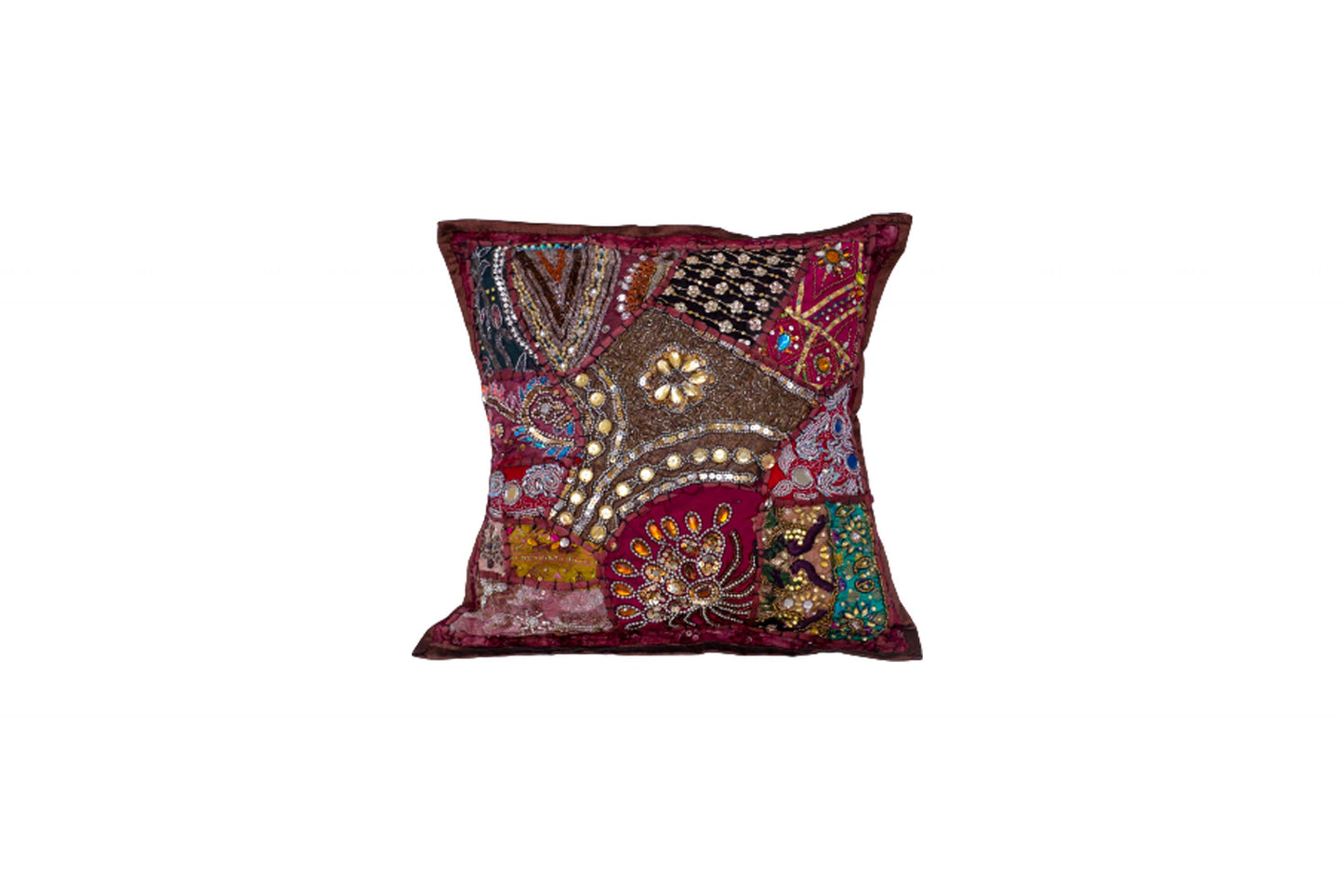BROWN CUSHION COVER BEADS HAND EMBROIDERED SIZE 16 X 16 - 248