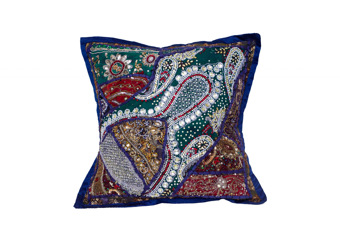 DARK BLUE CUSHION COVER BEADS HAND EMBROIDERED SIZE 16 X 16 - 242