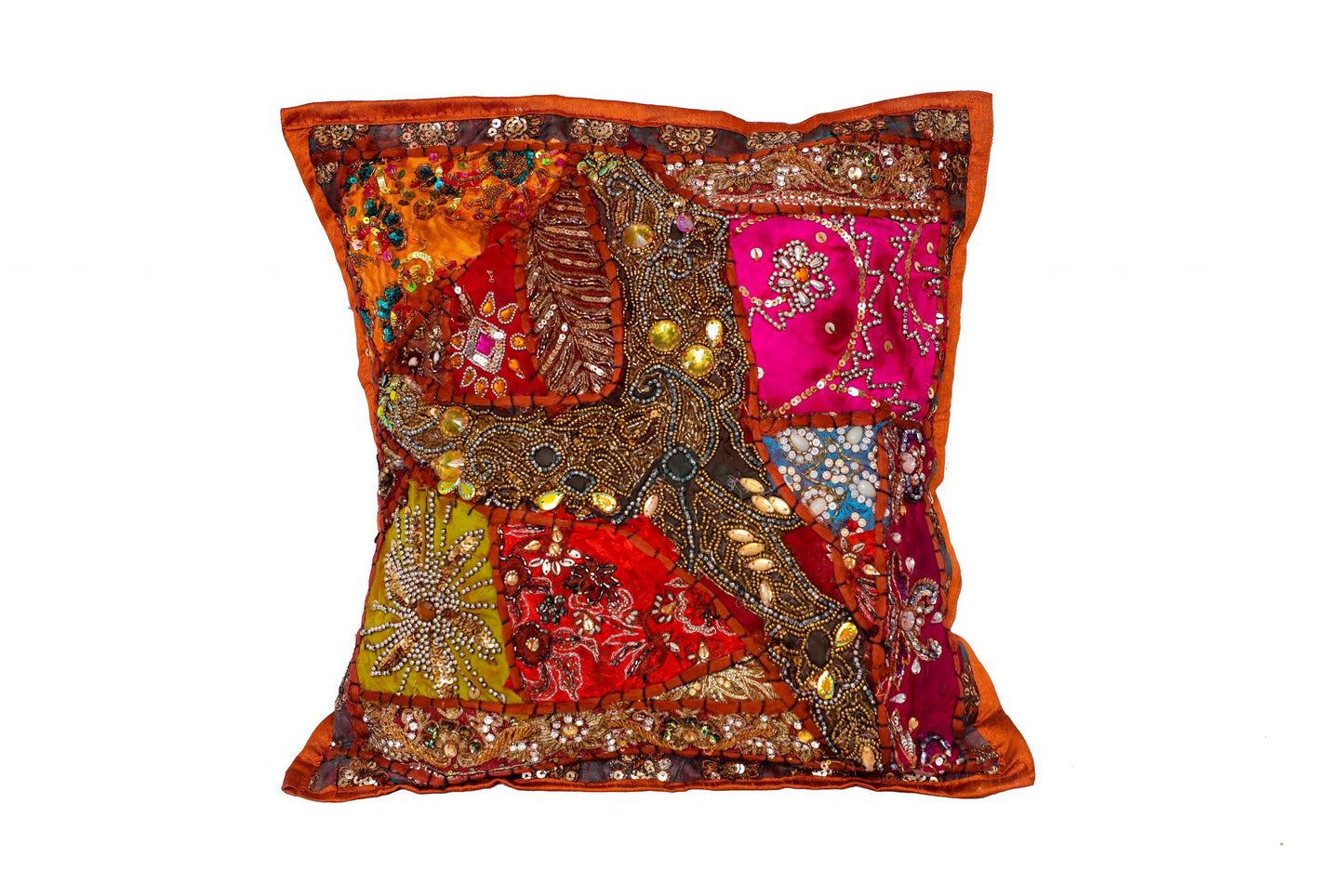 GOLDEN CUSHION COVER BEADS HAND EMBROIDERED SIZE 16 X 16 -245