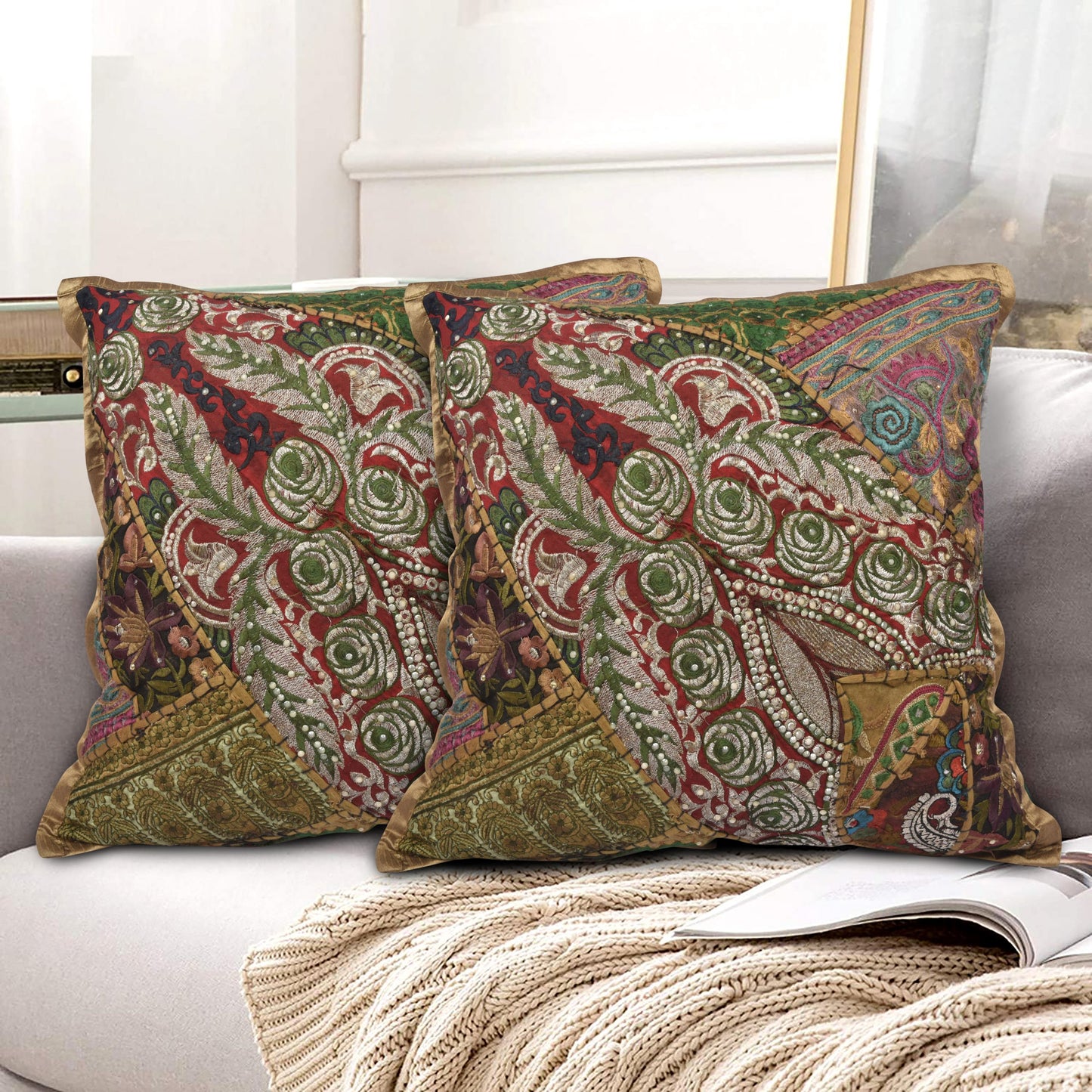 GOLDEN CUSHION COVER PATCH HAND EMBROIDERED SIZE 16 X 16 - 231