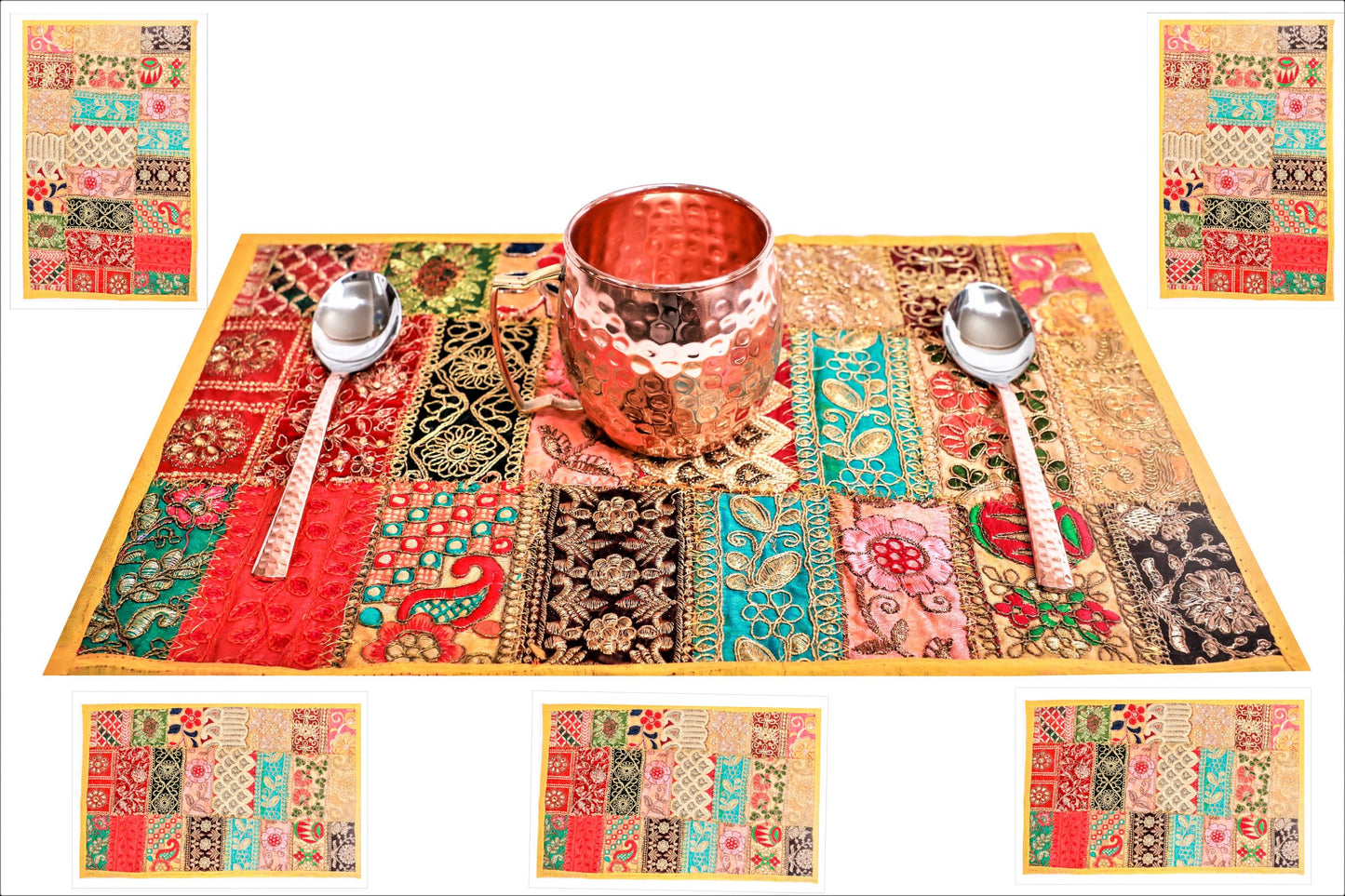 TABLE PLACEMATS/ TABLE MATS 18" X 12" (SET OF 6 PCS) HANDMADE YELLOW WORK RED COLOR - 213