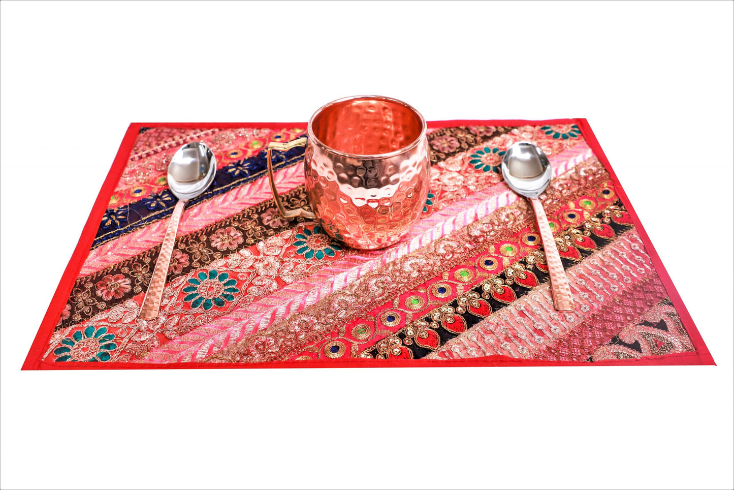 TABLE PLACEMATS/ TABLE MATS 18" X 12" (SET OF 6 PCS) HANDMADE ZARI WORK RED COLOR - 210