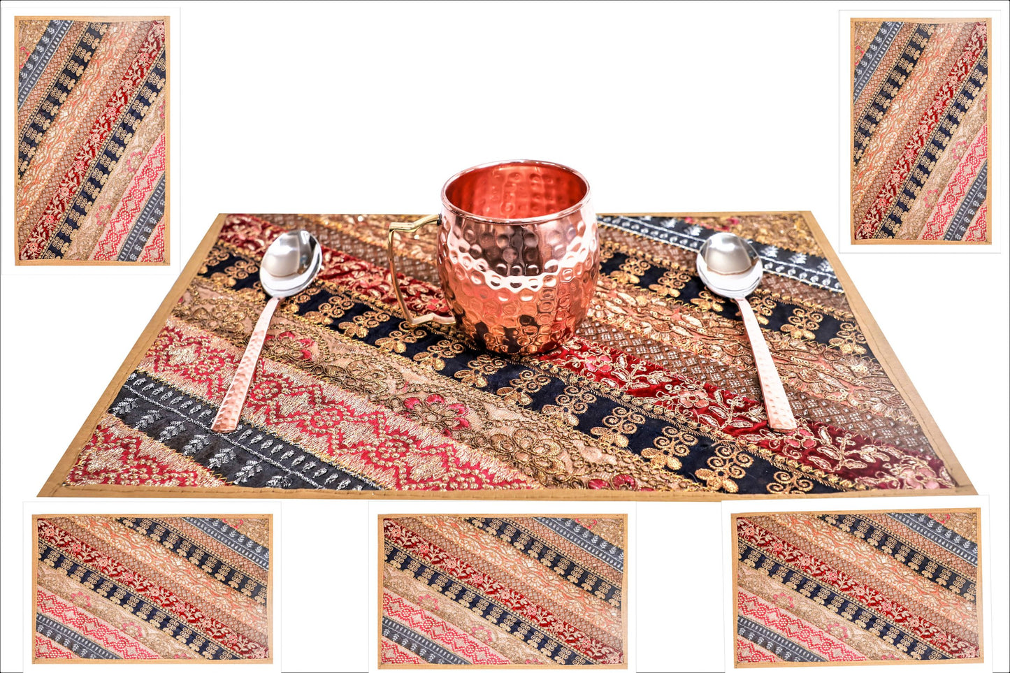 TABLE PLACEMATS/ TABLE MATS 18" X 12" (SET OF 6 PCS) HANDMADE GOLDEN WORK RED COLOR - 212
