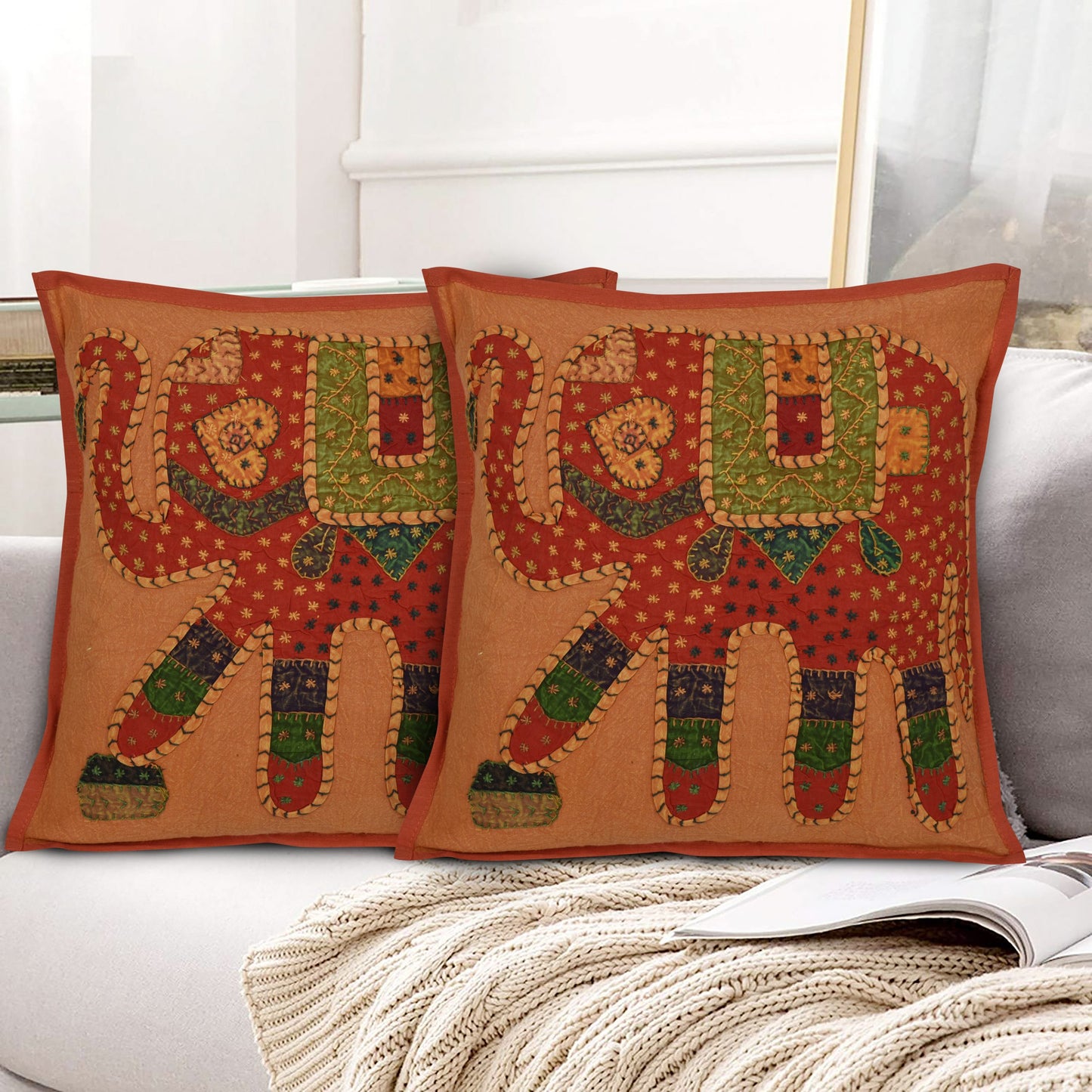 ORANGE CUSHION COVER APPLIQUE HAND EMBROIDERED WORK 16X16