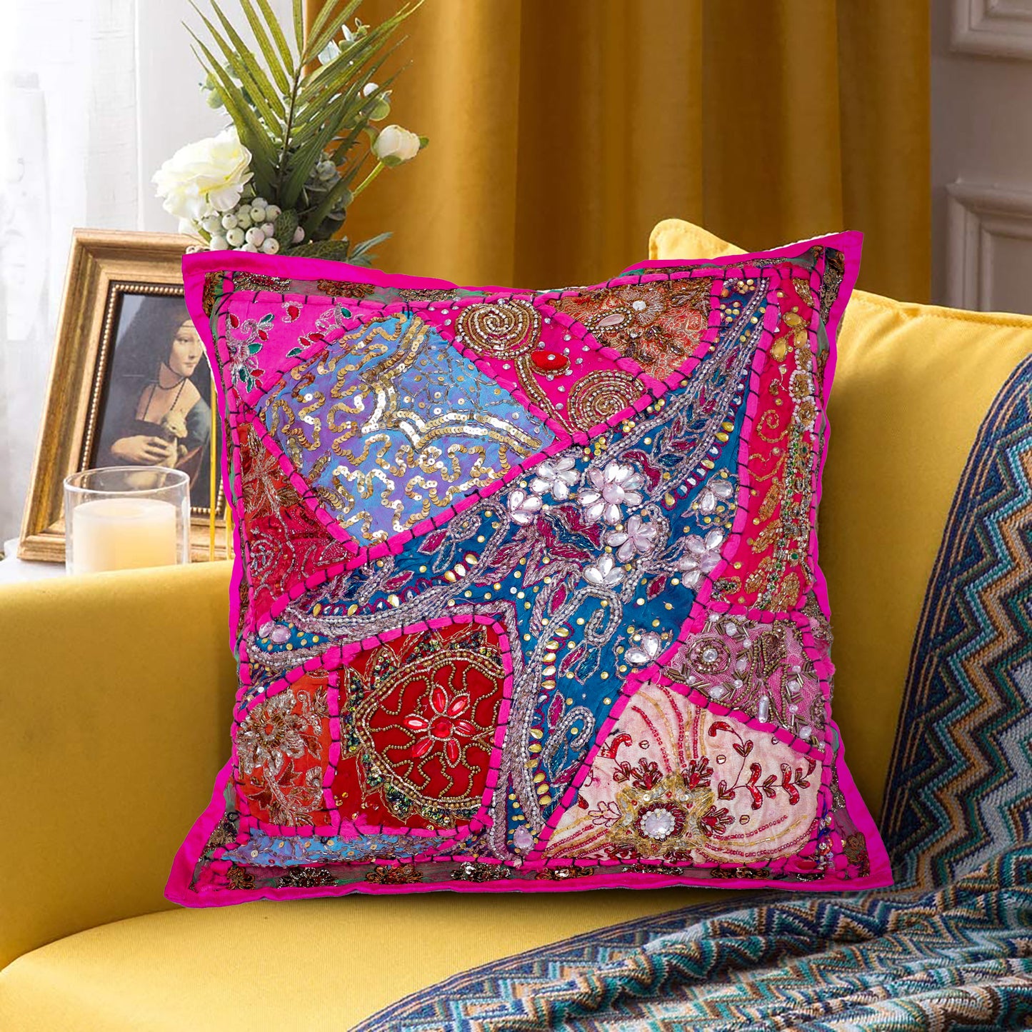 PINK CUSHION COVER BEADS HAND EMBROIDERED SIZE 16 X 16 - 249