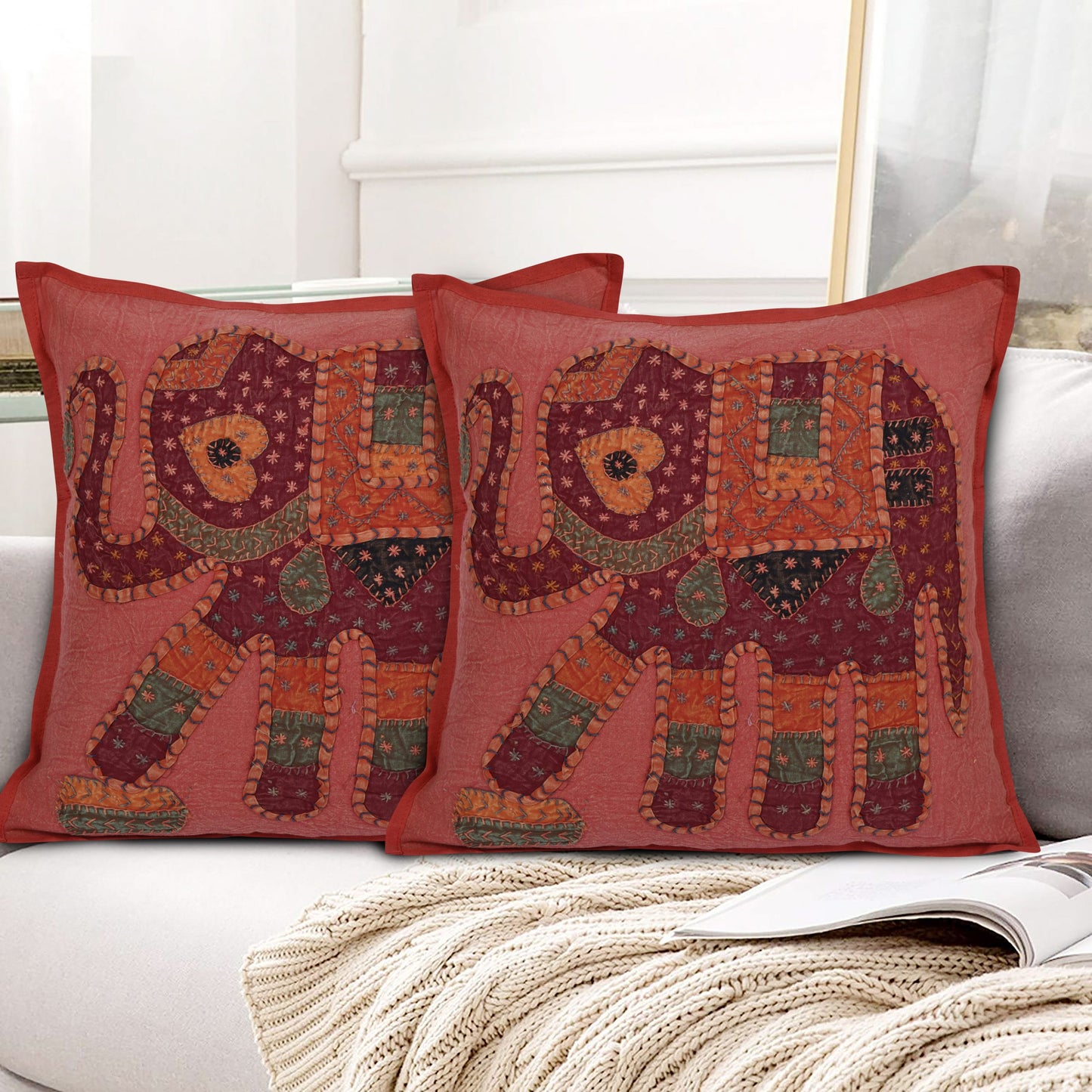 RED CUSHION COVER APPLIQUE HAND EMBROIDERED WORK 16X16