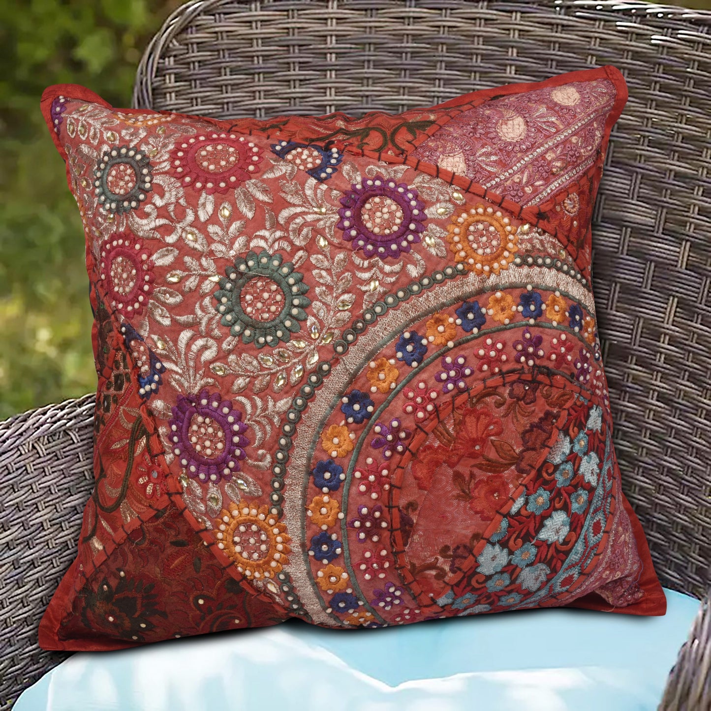 CUSHION COVER PATCH HAND EMBROIDERED SIZE 16 X 16 - Red Color - 226