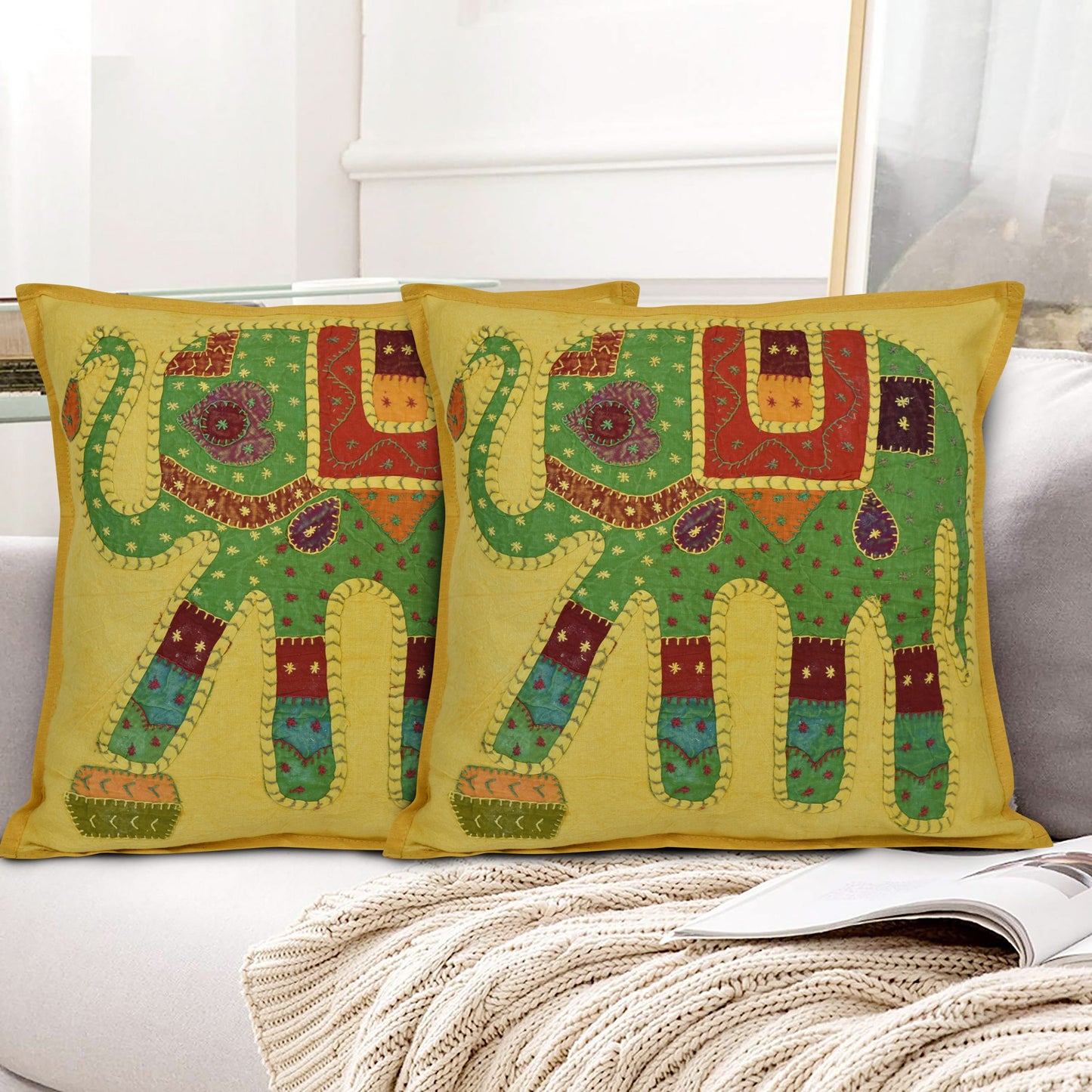YELLOW CUSHION COVER APPLIQUE HAND EMBROIDERED WORK 16X16