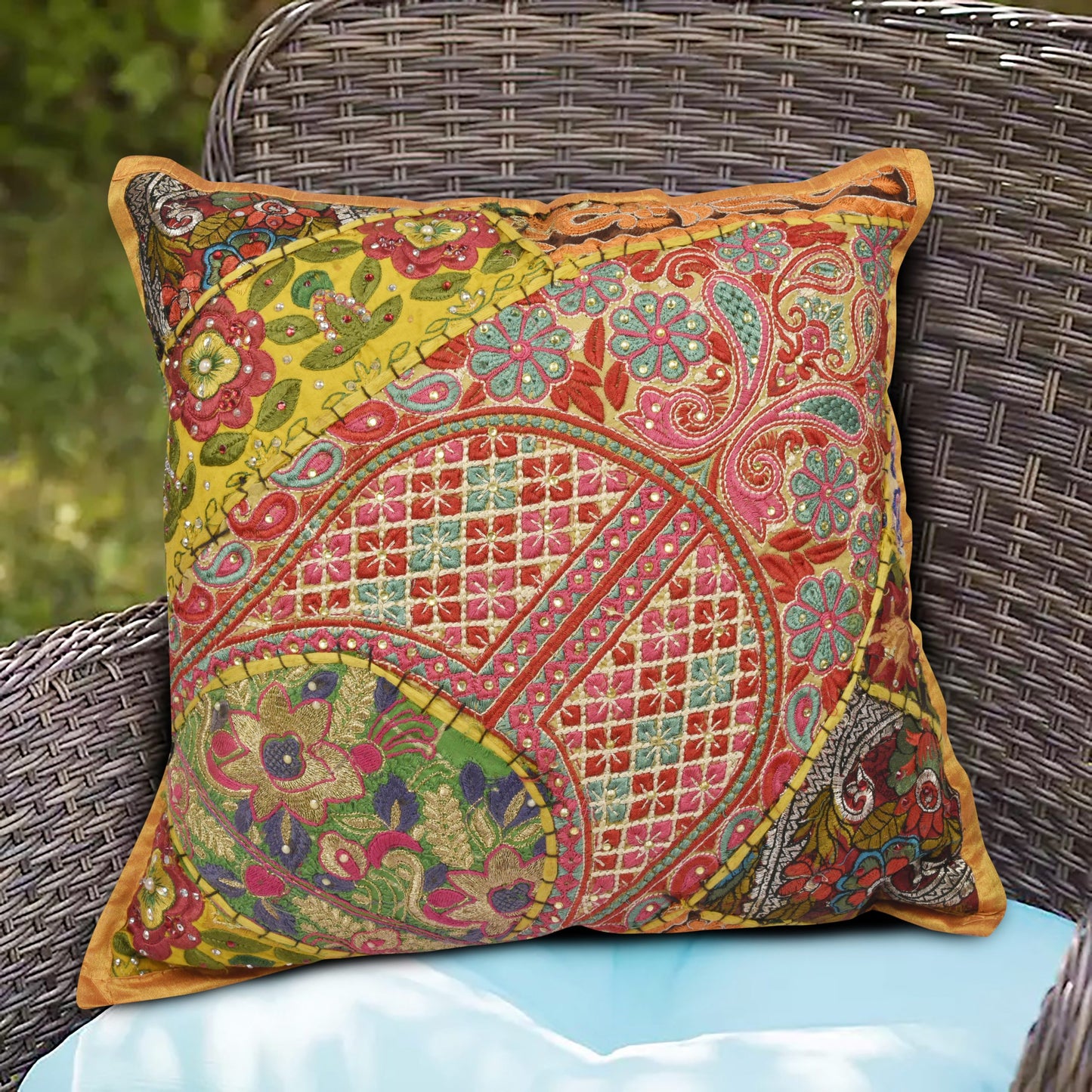 CUSHION COVER PATCH HAND EMBROIDERED SIZE 16 X 16 Yellow Color - 225