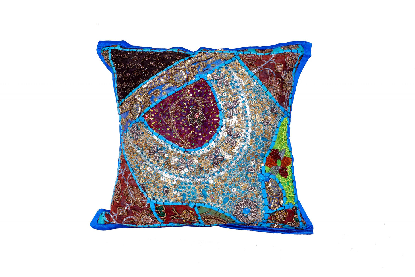 BLUE CUSHION COVER BEADS HAND EMBROIDERED SIZE 16 X 16 -240