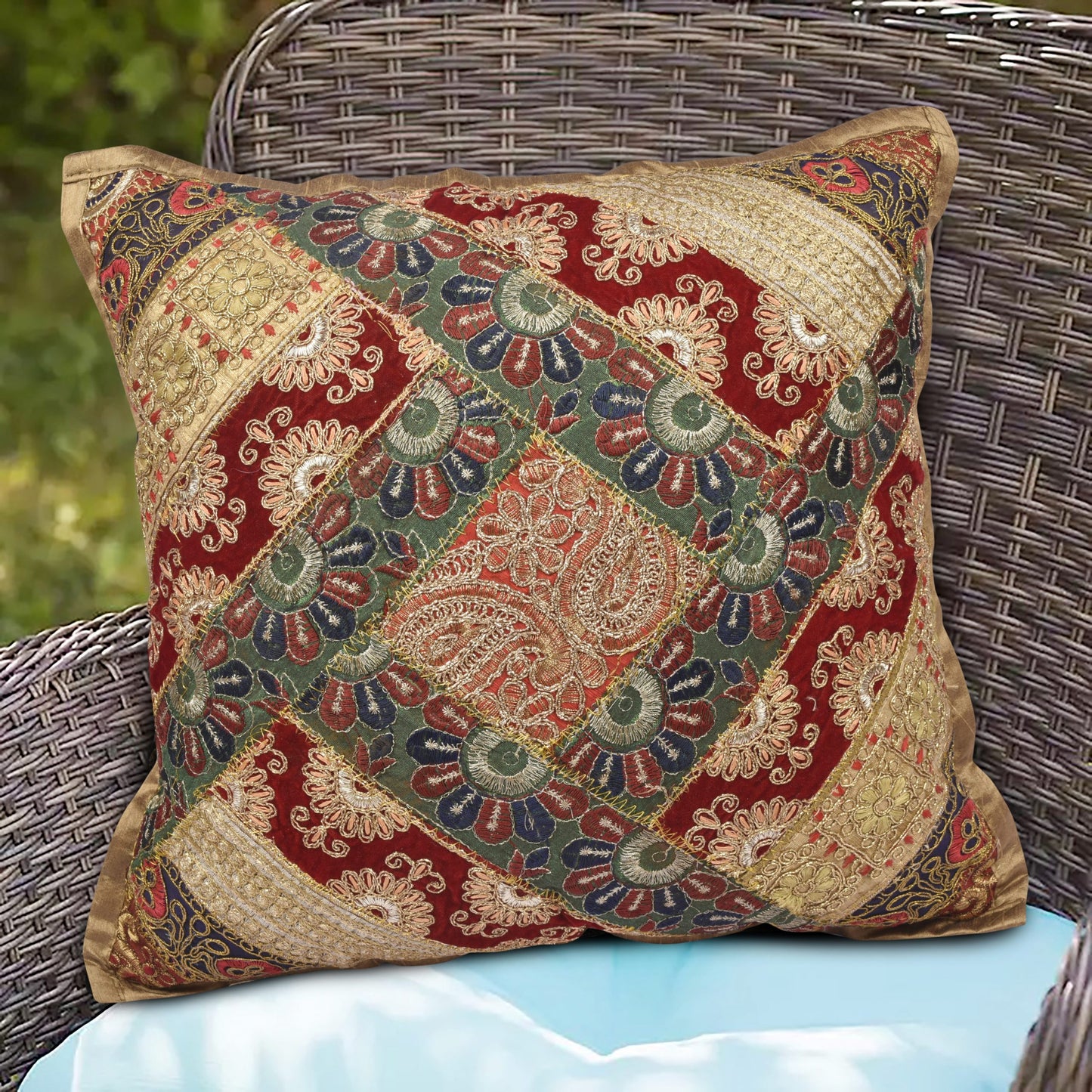BEIGE CUSHION COVER ZARI HAND EMBROIDERED SIZE 16 X 16 - 235