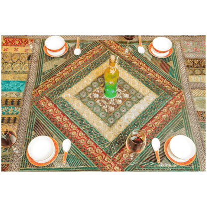 Kraftbarn - Table Cover Zari Embroidery Green Color - 55x55 (SKU 113)